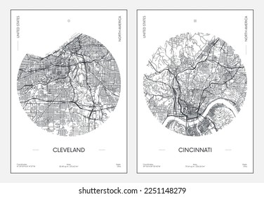 Travel poster, urban street plan city map Cleveland and Cincinnati, vector illustration