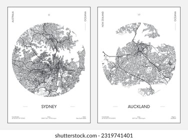 Travel poster, urban street plan city map Sydney and Auckland, vector illustration