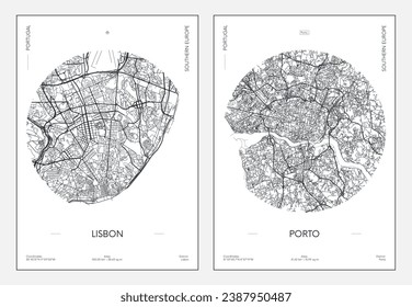 Travel poster, urban street plan city map Lisbon and Porto, vector illustration