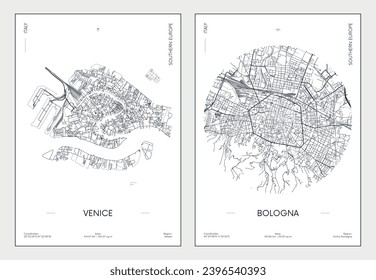 Afiche de viajes, plano urbano, mapa de la ciudad de Venecia y Bolonia, ilustración vectorial