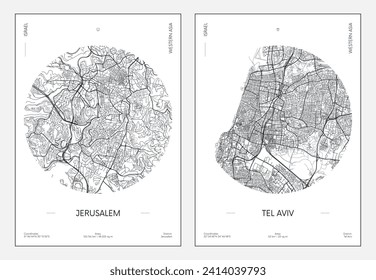 Travel poster, urban street plan city map Jerusalem and Tel Aviv, vector illustration