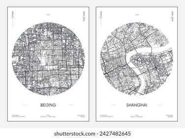 Travel poster, urban street plan city map Beijing and Shanghai, vector illustration