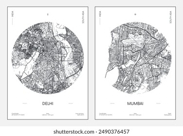 Travel poster, urban street plan city map Delhi and Mumbai, vector illustration