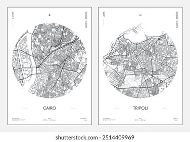 Póster de viaje, Plan urbano de la calle mapa de la ciudad El Cairo y Trípoli, Ilustración vectorial