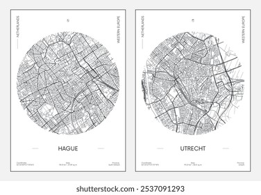 Travel poster, urban street plan city map Hague and Utrecht, vector illustration