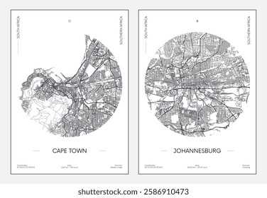 Travel poster, urban street plan city map Cape Town and Johannesburg, vector illustration