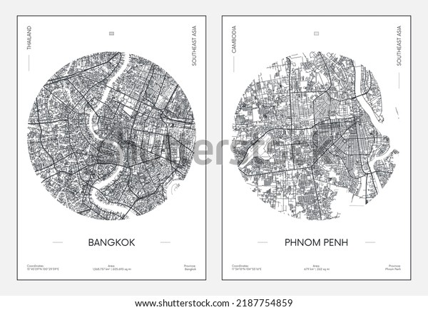 Travel poster, urban street plan city map\
Bangkok and Phnom Penh, vector\
illustration