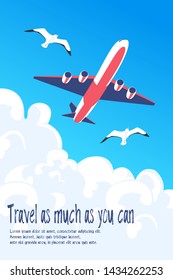 Travel poster vector template design with promo text and passenger airplane during flight in colorful. Vector illustration. World trip vacation background.