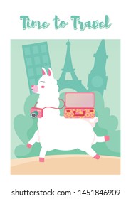 Travel poster  vector template design with promo text llama and world's famous landmarks and tourist destinations elements in colorful background. Vector illustration