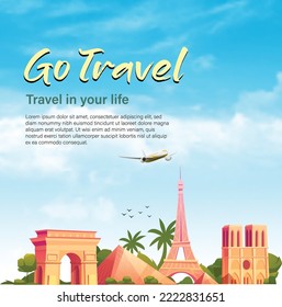 Travel poster vector template design with promo text and world's famous landmarks and tourist destinations elements in colorful background. Vector