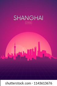 Travel poster vectors illustrations, Futuristic retro skyline Shanghai