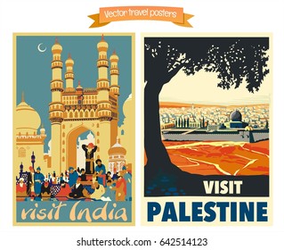 Travel poster vectors illustrations with vintage oriental and middle east holiday destinations
