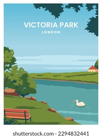 Reiseplakat in Victoria Park London. Landschaftshintergrund mit buntem Stil.