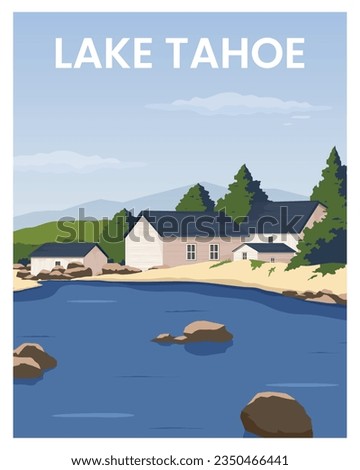 Travel poster view, cabin on a sunny clear day and background evergreen tree forest. vector illustration landscape with colored style.