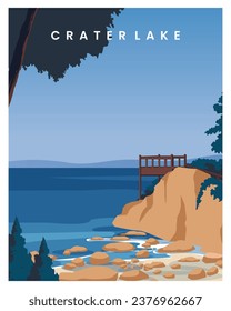 Travel poster view with Crater Lake. vector illustration landscape background with flat style.