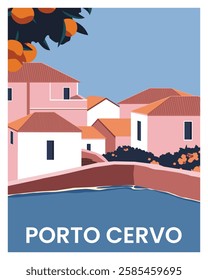 travel poster with View of harbor and village. vector illustration landscape background.