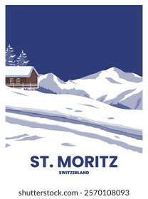 Travel poster with view  
mountain town in winter. vector illustration landscape background for poster, card, poscard, greeting card, decoration, print.