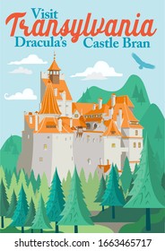 Travel Poster Visit Transylvania tourism in Europe, Romania, Bran castle vacation, Dracula home, vampire trip