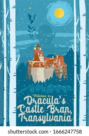 Travel Poster Visit Transylvania tourism in Europe, Romania, Bran castle vacation, Dracula home, vampire trip