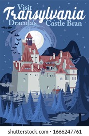 Travel Poster Visit Transylvania tourism in Europe, Romania, Bran castle vacation, Dracula home, vampire trip