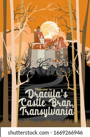 Travel Poster Visit Transylvania tourism in Europe, Romania, Bran castle vacation, Dracula home, vampire trip