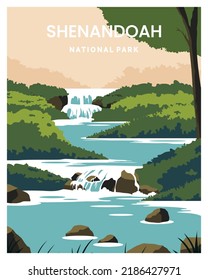 travel poster of Waterfalls in Shenandoah national park. landscape vector illustration with minimalist style.