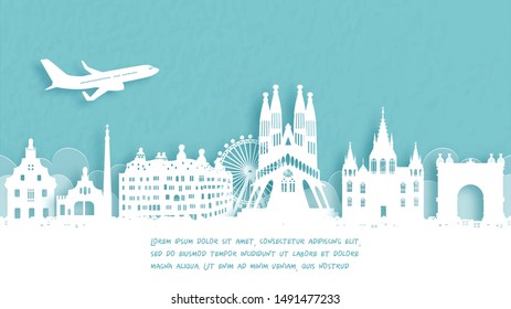 Travel poster with Welcome to Barcelona, Spain famous landmark in paper cut style vector illustration.