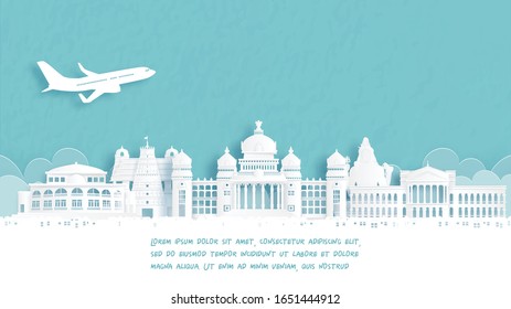 Travel poster with Welcome to Bengaluru, India famous landmark in paper cut style vector illustration.