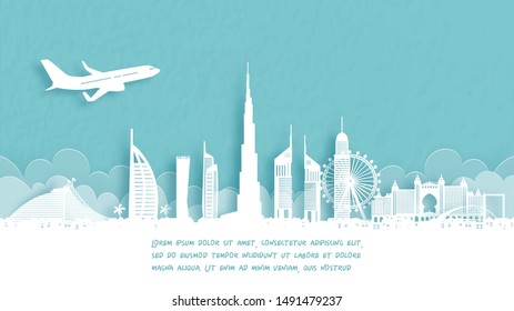 Travel poster with Welcome to Dubai famous landmark in paper cut style vector illustration.