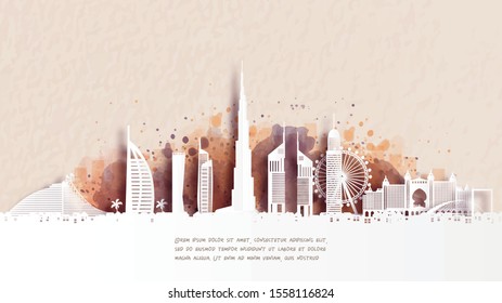 Travel poster with Welcome to Dubai famous landmark in paper cut style vector illustration.