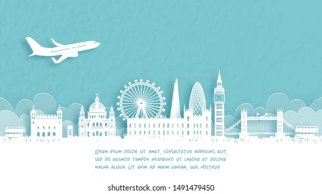 Travel poster with Welcome to England famous landmark in paper cut style vector illustration.