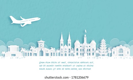 Travel poster with Welcome to Ho Chi Minh City, Vietnam famous landmark in paper cut style vector illustration.