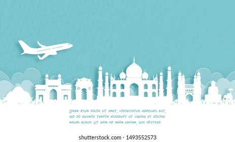 Travel poster with Welcome to India famous landmark in paper cut style vector illustration.