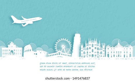 Travel poster with Welcome to Italy famous landmark in paper cut style vector illustration.