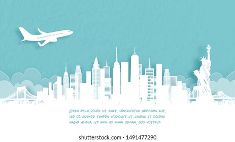 Travel poster with Welcome to New York City, United States of Amercia famous landmark in paper cut style vector illustration.