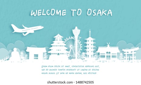 Travel poster with Welcome to Osaka, Japan famous landmark in paper cut style vector illustration.