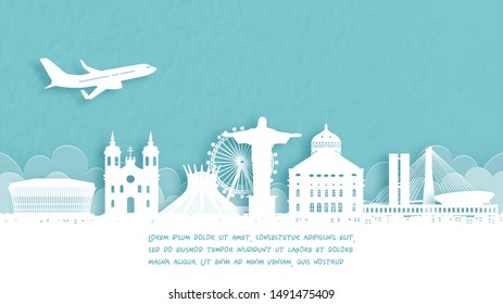 Travel poster with Welcome to Rio de Janeiro, Brazil famous landmark in paper cut style vector illustration.