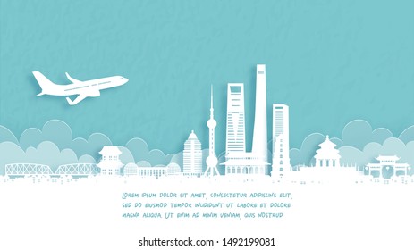 Travel poster with Welcome to Shanghai famous landmark in paper cut style vector illustration.