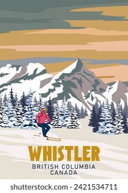 Travel poster Whistler Ski resort vintage. Canada, British Columbia winter landscape travel card