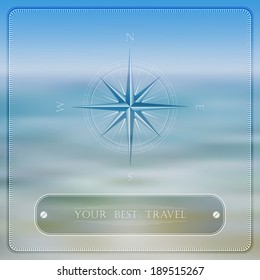 Travel poster. Wind rose (compass)  over blurred sea background. Vector background. 