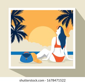 travel poster with woman in beach landscape vector illustration design