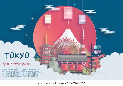 Travel poster of world famous landmarks of Tokyo, Japan in paper cut style vector illustration