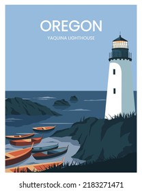 Reiseplakat yaquina Head Leuchtturm auf der Oregon Coast Landschaft Vektorgrafik mit minimalistischem Stil.