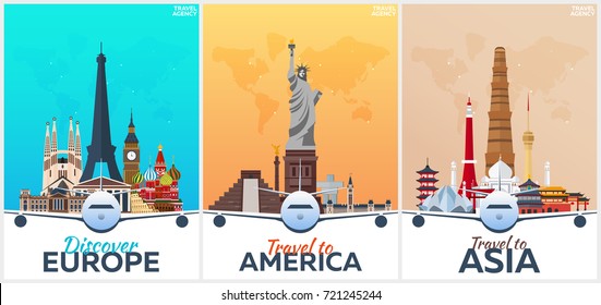 Travel posters to Europe, America, Asia. Vacation. Trip to country. Travelling illustration. Modern vector flat