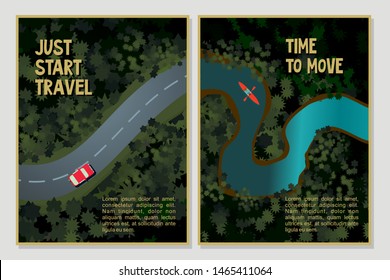 Travel posters set. Bird view of a forest river and road Cartoon vector illustration.