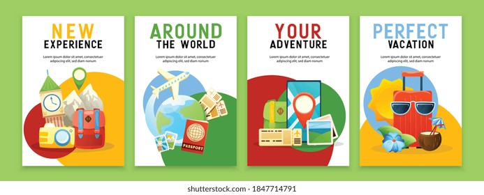 Travel posters set with information about world cruises famous landmarks online booking summer vacation vector illustration