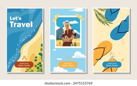 Travel posters set. Sea coast with flip flops top view. Woman tourist in hat. Holiday and vacation in tropical countries. Cartoon flat vector collection isolated on beige background