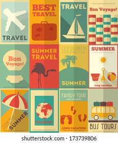 Travel Posters Set - Vacation Items in Retro Style - Flat Design Style. Vector Illustrations
