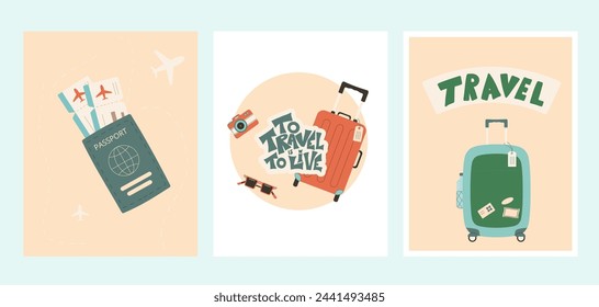 Conjunto de plantillas de carteles de viaje. Equipaje, pasaporte, billetes de avión y lettering accesorios turísticos. Elementos de viaje vacaciones de fin de semana de vacaciones. Ilustración vectorial plana.