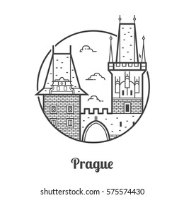 Travel Prague icon. Charles bridge towers on Vltava river is one of the famous architectural landmarks and attractions in Czech Republic capital. Thin line tourist destination icon in circle.